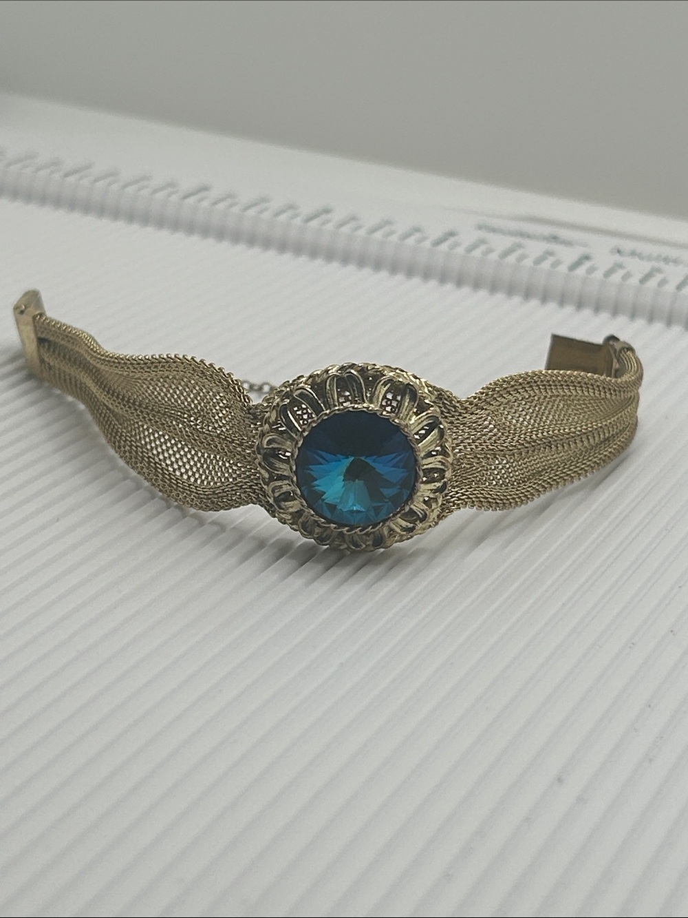 Vintage 50’s Gold Mesh Bracelet with Blue Ravioli Crystal Center